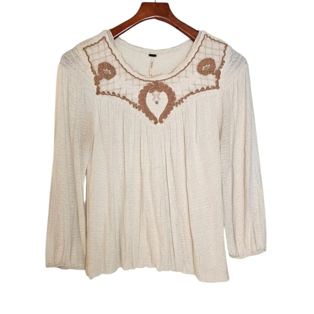 Free People Begonia Embroidered Gauze Cream White Boho Peasant Cottagecore Top